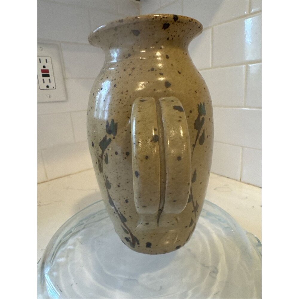 Small Handmade Pitcher Brown With Flowers 7 1/2 Tall Vintage - Picture 3 of 16